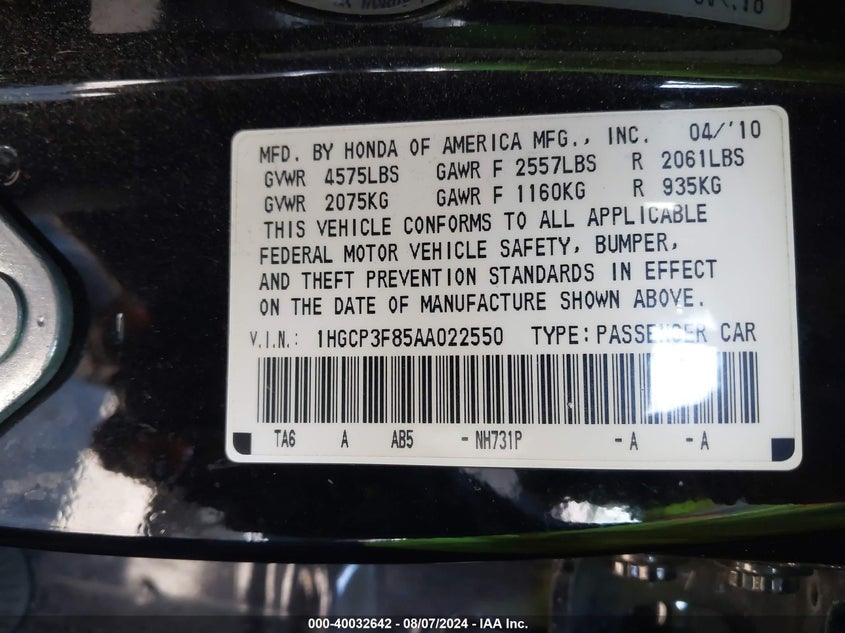 2010 Honda Accord 3.5 Ex-L VIN: 1HGCP3F85AA022550 Lot: 40032642