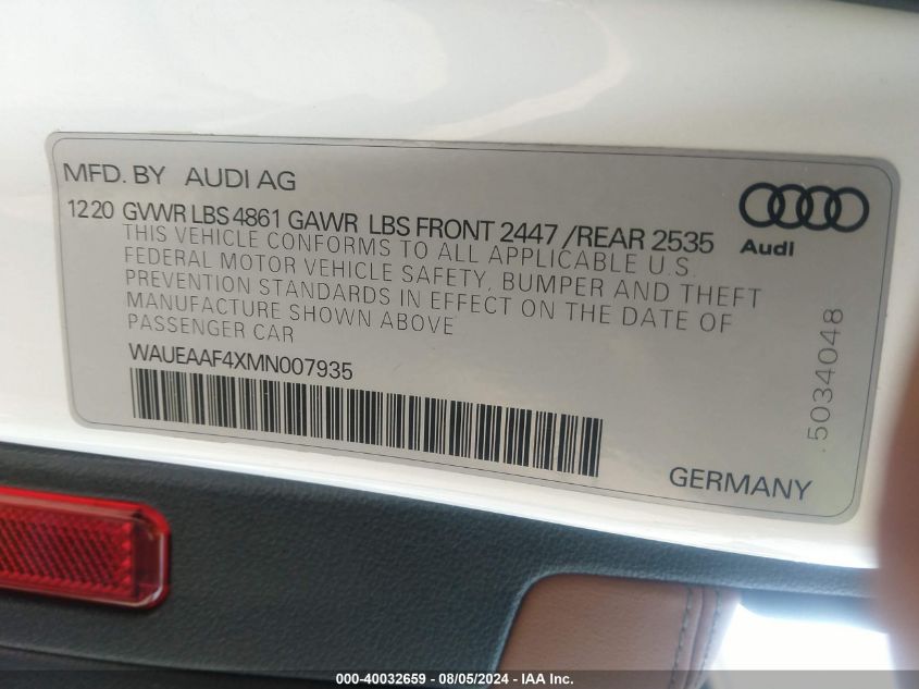 2021 AUDI A4 PREMIUM PLUS 45 - WAUEAAF4XMN007935