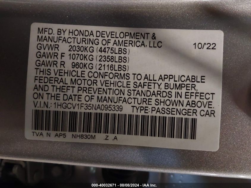 1HGCV1F35NA095339 2022 Honda Accord Sport