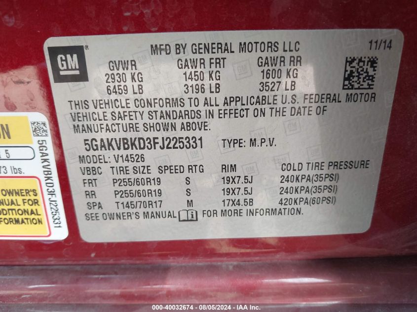 2015 Buick Enclave VIN: 5GAKVBKD3FJ225331 Lot: 40032674