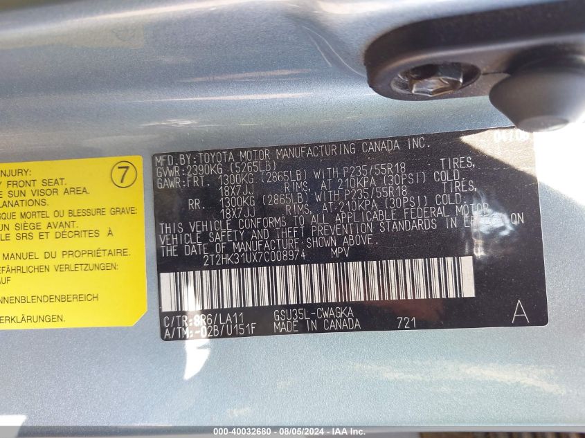 2007 Lexus Rx 350 VIN: 2T2HK31UX7C008974 Lot: 40032680