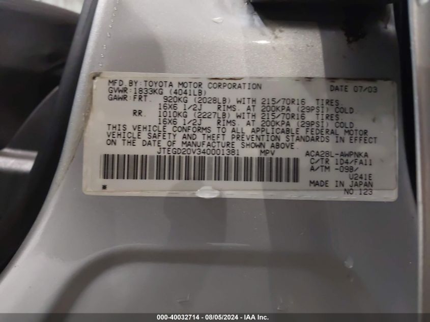 2004 Toyota Rav4 VIN: JTEGD20V340001381 Lot: 40032714