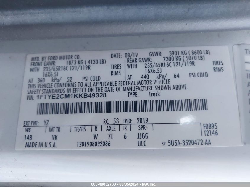 2019 Ford Transit-150 T-150 VIN: 1FTYE2CM1KKB49328 Lot: 40032730