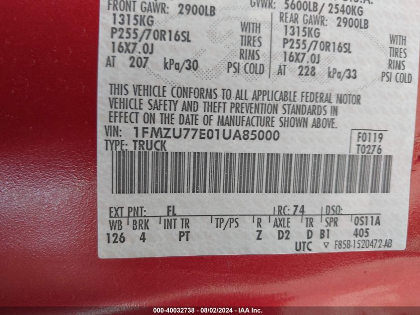 2001 Ford Explorer Sport Trac VIN: 1FMZU77E01UA85000 Lot: 40032738