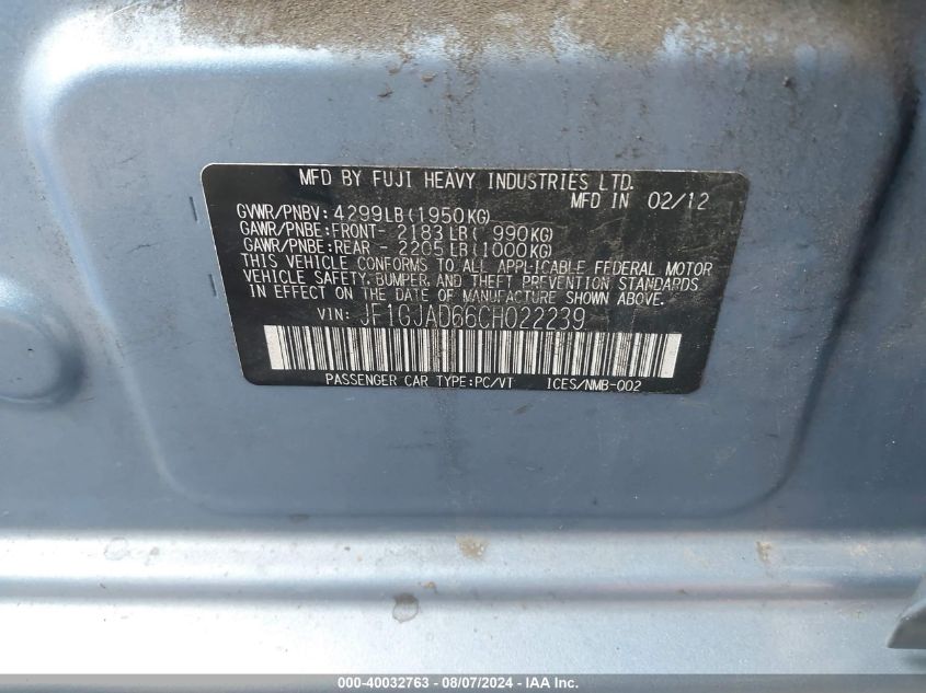2012 Subaru Impreza 2.0I Premium VIN: JF1GJAD66CH022239 Lot: 40032763