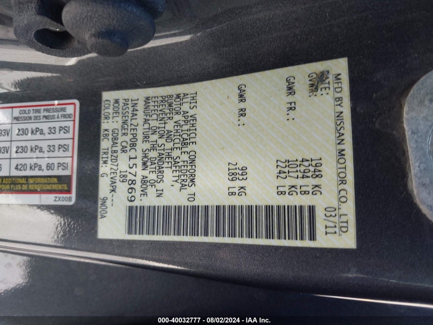 2011 Nissan Altima 2.5 S VIN: 1N4AL2EP0BC157869 Lot: 40032777