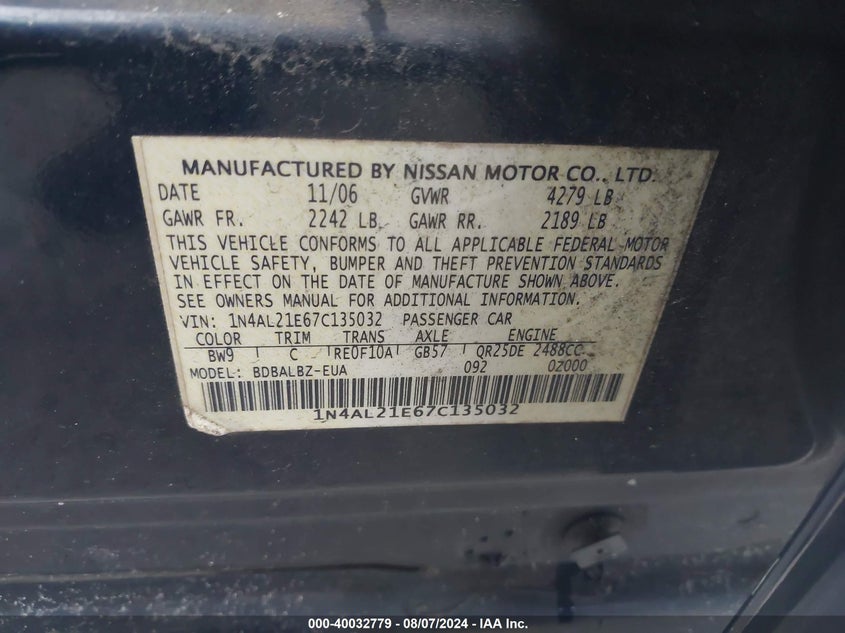 2007 Nissan Altima 2.5 S VIN: 1N4AL21E67C135032 Lot: 40032779