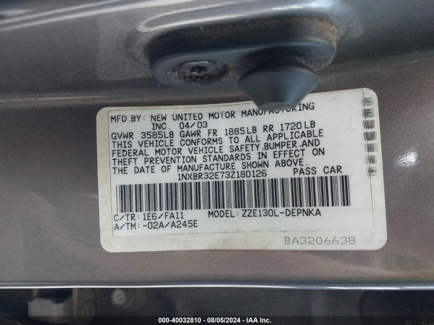 2003 Toyota Corolla Le VIN: 1NXBR32E73Z180126 Lot: 40032810