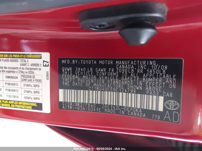 2009 Toyota Corolla S/Le/Xle VIN: 2T1BU40E59C124798 Lot: 40032818