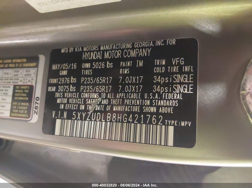 VIN 5XYZUDLB8HG421762 2017 HYUNDAI SANTA FE SPORT 2.4L