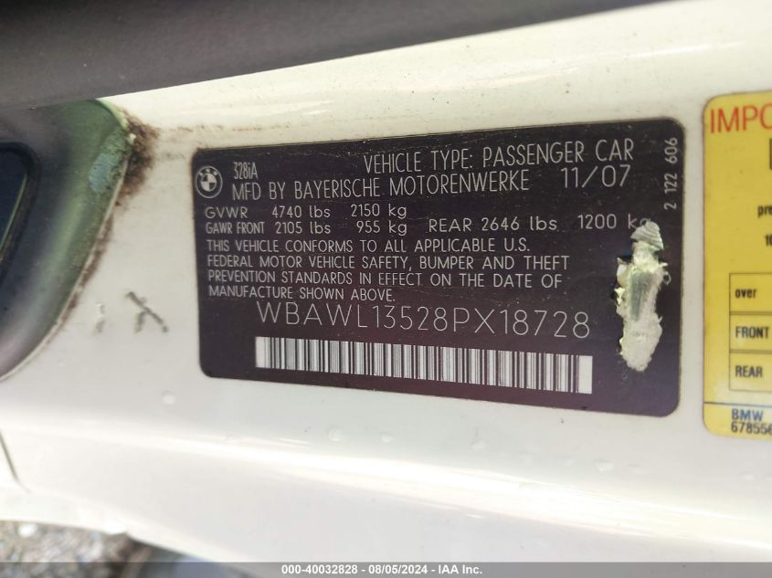 2008 BMW 328I I VIN: WBAWL13528PX18728 Lot: 40032828