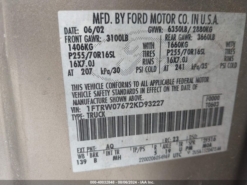 2002 Ford F-150 Lariat/Xlt VIN: 1FTRW07672KD93227 Lot: 40032848