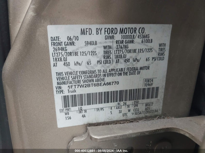 2011 Ford F-250 Lariat VIN: 1FT7W2BT6BEA66770 Lot: 40032851