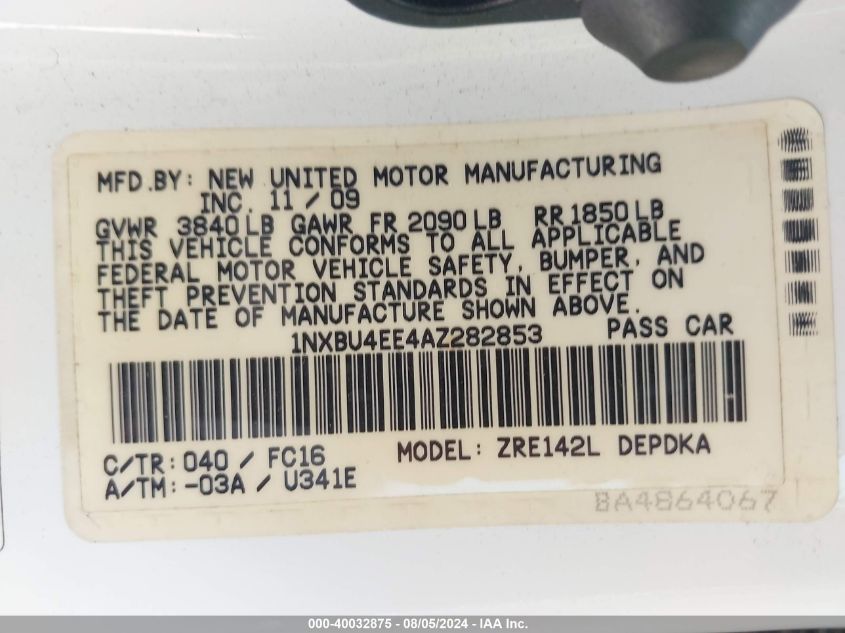 2010 Toyota Corolla Le VIN: 1NXBU4EE4AZ282853 Lot: 40032875