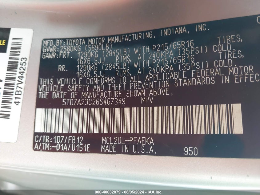 2006 Toyota Sienna Ce VIN: 5TDZA23C26S467349 Lot: 40032879