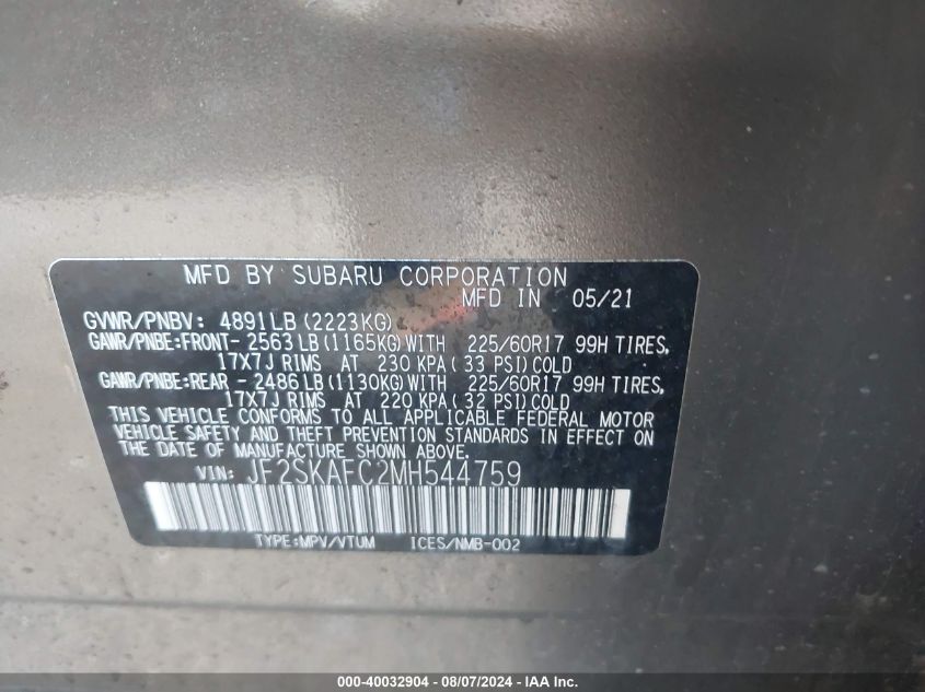 2021 Subaru Forester Premium VIN: JF2SKAFC2MH544759 Lot: 40032904