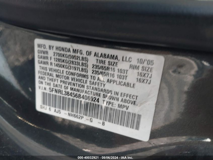 2006 Honda Odyssey Ex VIN: 5FNRL38456B406924 Lot: 40032921