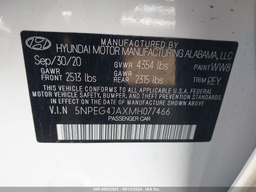 2021 Hyundai Sonata Se VIN: 5NPEG4JAXMH077466 Lot: 40032923