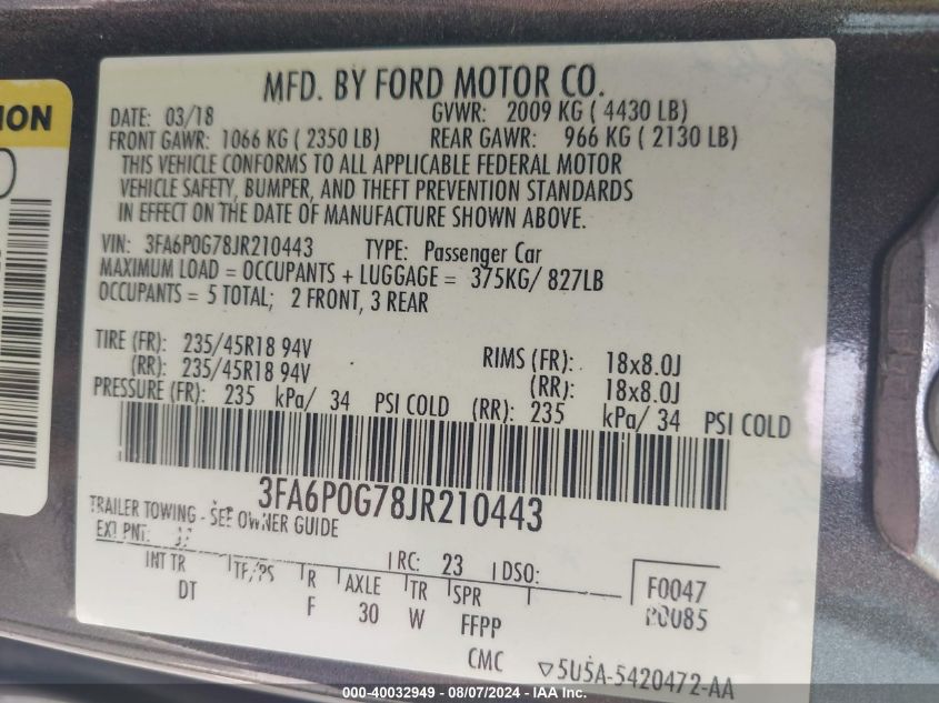 3FA6P0G78JR210443 2018 Ford Fusion S