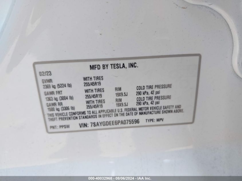 VIN 7SAYGDEE6PA075596 2023 TESLA MODEL Y