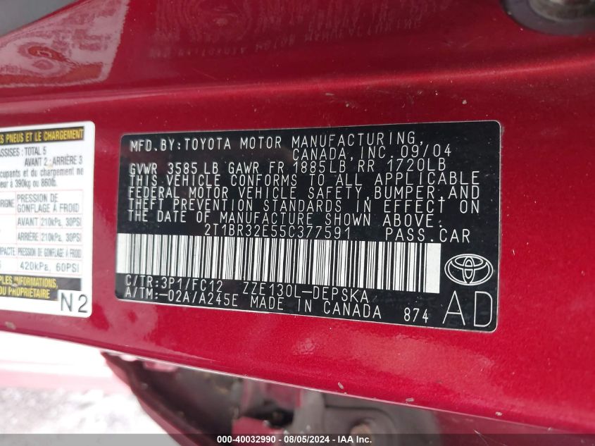 2005 Toyota Corolla S VIN: 2T1BR32E55C377591 Lot: 40032990