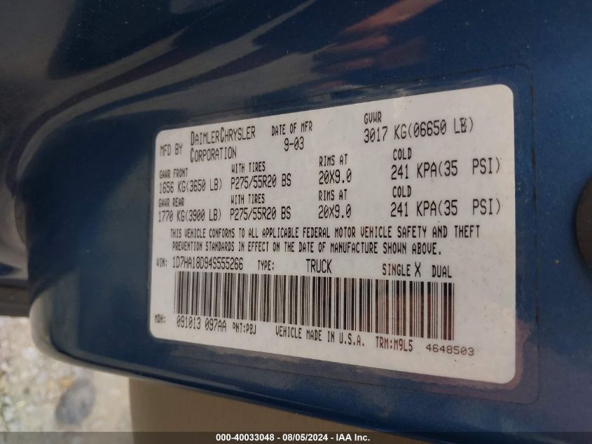 2004 Dodge Ram 1500 Slt/Laramie VIN: 1D7HA18D94S555266 Lot: 40033048