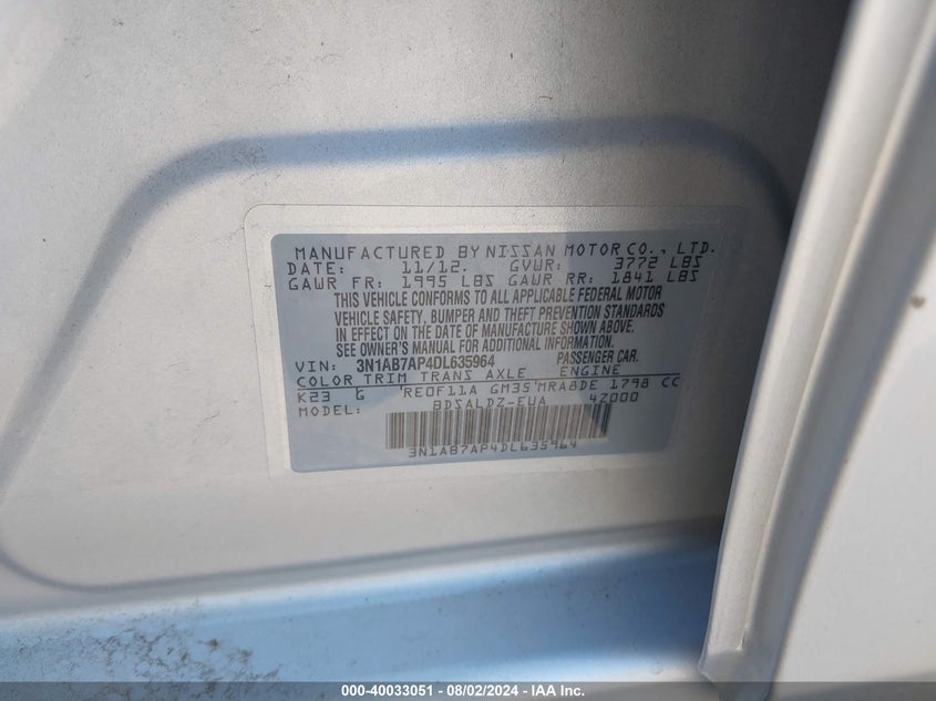 2013 Nissan Sentra Sv VIN: 3N1AB7AP4DL635964 Lot: 40033051