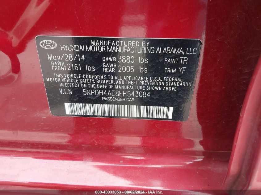 2014 Hyundai Elantra Se VIN: 5NPDH4AE8EH543084 Lot: 40033053