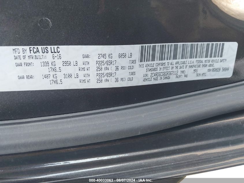 2016 Dodge Grand Caravan Sxt VIN: 2C4RDGCG6GR367112 Lot: 40033063