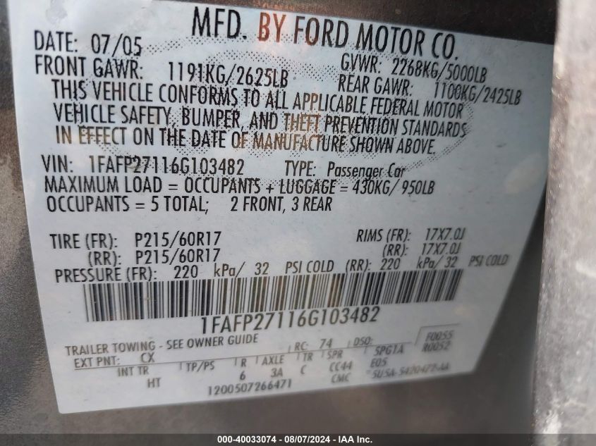 1FAFP27116G103482 2006 Ford Five Hundred Sel