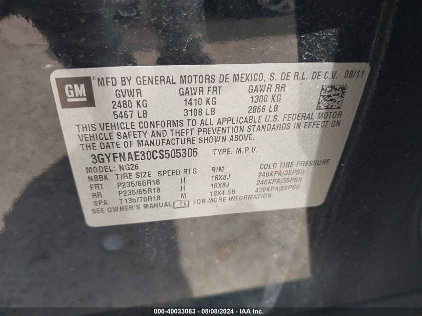 2012 Cadillac Srx Luxury Collection VIN: 3GYFNAE30CS505306 Lot: 40033083