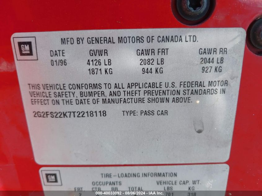 1996 Pontiac Firebird VIN: 2G2FS22K7T2218118 Lot: 40033092