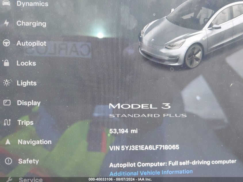 2020 Tesla Model 3 Standard Range Plus Rear-Wheel Drive/Standard Range Rear-Wheel Drive VIN: 5YJ3E1EA6LF718065 Lot: 40033106