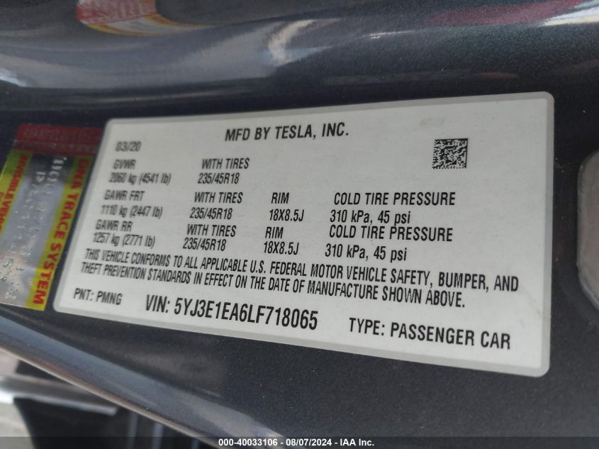 2020 Tesla Model 3 Standard Range Plus Rear-Wheel Drive/Standard Range Rear-Wheel Drive VIN: 5YJ3E1EA6LF718065 Lot: 40033106