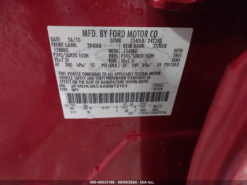 2010 Ford Edge Limited VIN: 2FMDK3KC5ABB72153 Lot: 40033166