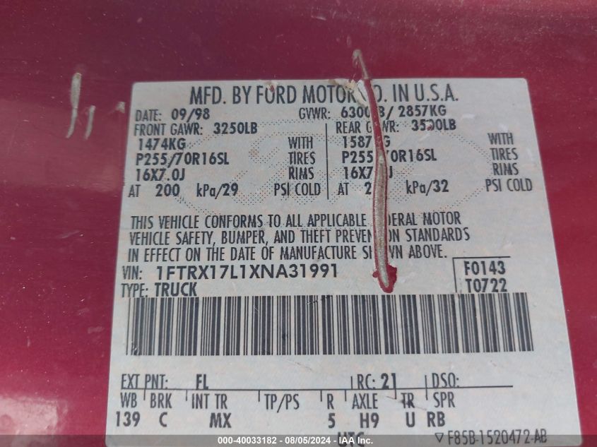 1999 Ford F-150 Lariat/Xl/Xlt VIN: 1FTRX17L1XNA31991 Lot: 40033182