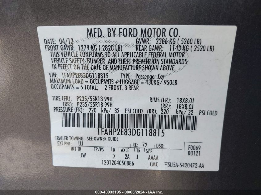 2013 Ford Taurus Sel VIN: 1FAHP2E83DG118815 Lot: 40033195