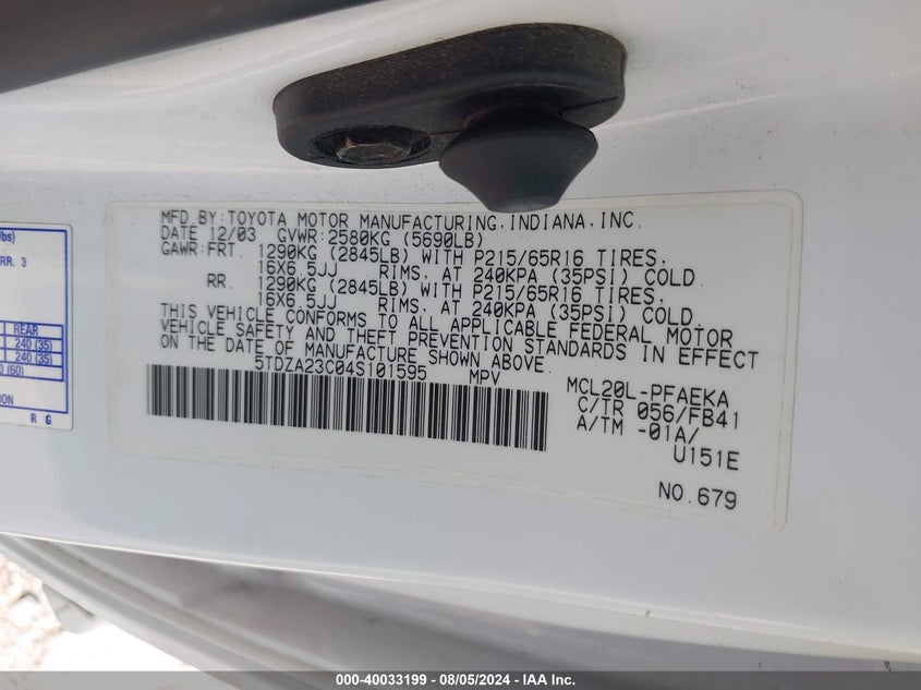 2004 Toyota Sienna Le VIN: 5TDZA23C04S101595 Lot: 40033199