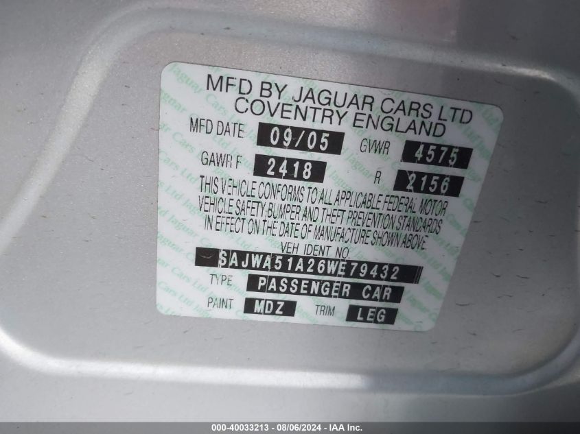2006 Jaguar X-Type 3.0 VIN: SAJWA51A26WE79432 Lot: 40033213