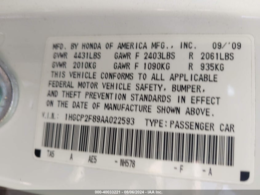 2010 Honda Accord Sdn 2.4 Ex-L/Ex-L VIN: 1HGCP2F89AA022593 Lot: 40033221