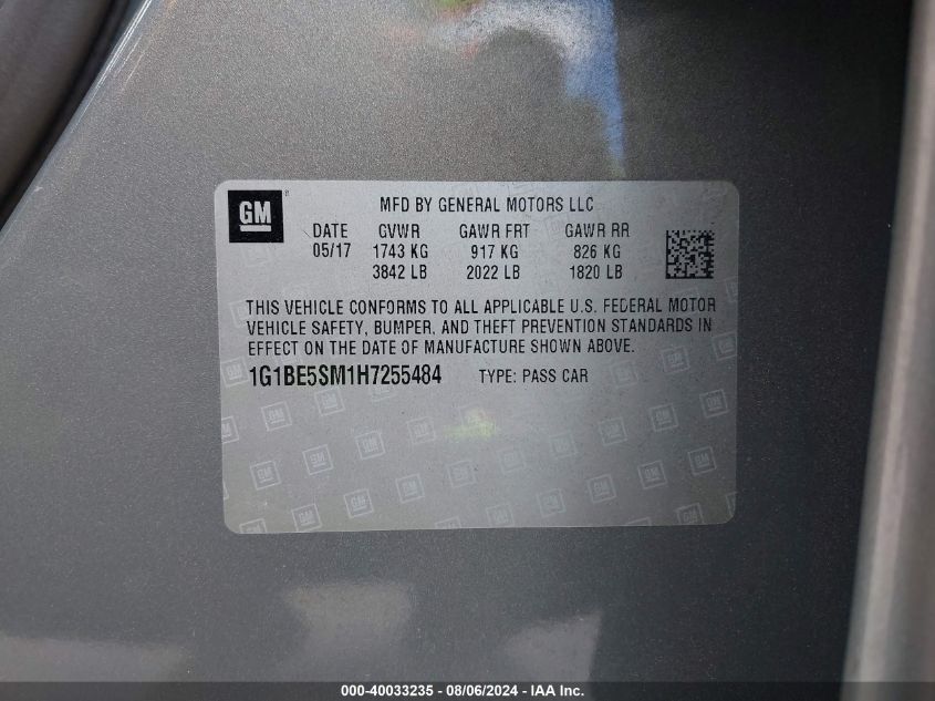 2017 Chevrolet Cruze Lt Auto VIN: 1G1BE5SM1H7255484 Lot: 40033235