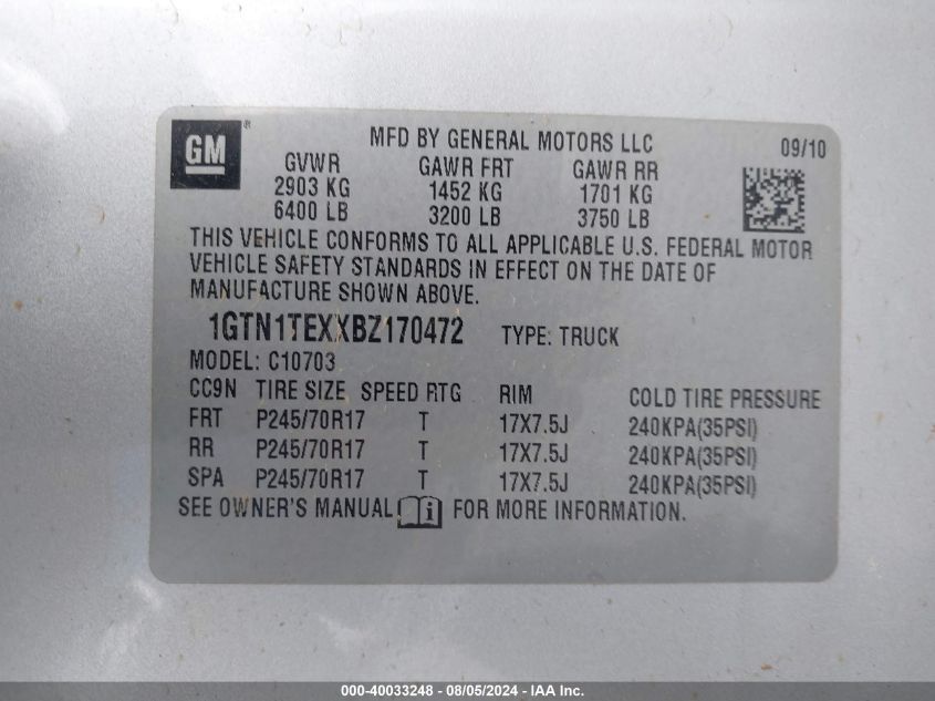 1GTN1TEXXBZ170472 2011 GMC Sierra 1500 Work Truck