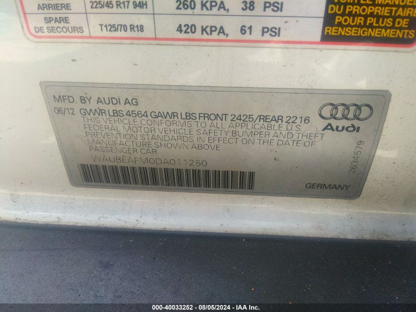 WAUBEAFM0DA011250 2013 Audi A3 2.0T Premium