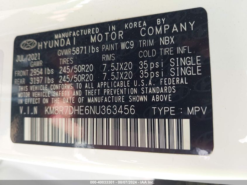 2022 Hyundai Palisade Calligraphy VIN: KM8R7DHE6NU363456 Lot: 40033301