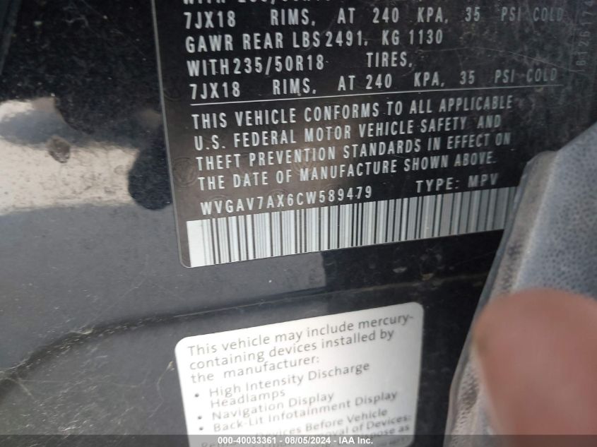 2012 Volkswagen Tiguan Se VIN: WVGAV7AX6CW589479 Lot: 40033361