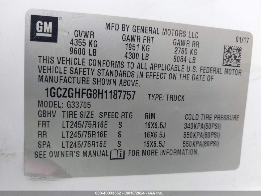 VIN 1GCZGHFG8H1187757 2017 Chevrolet Express 3500,... no.9