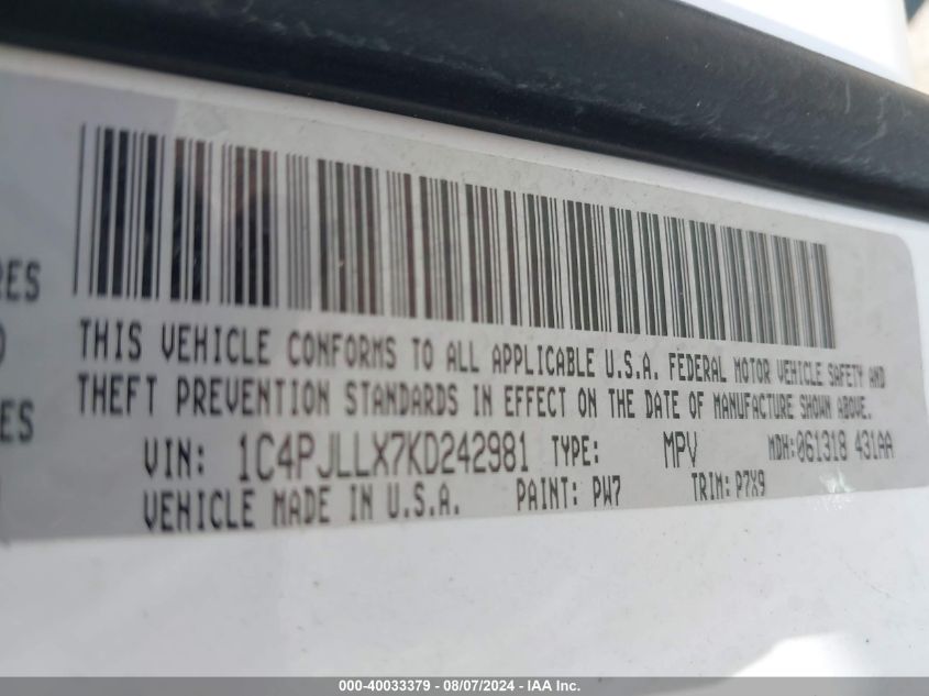 1C4PJLLX7KD242981 2019 Jeep Cherokee Latitude Plus Fwd