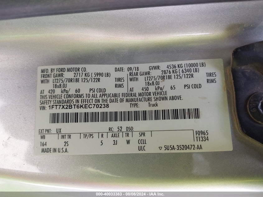 2019 Ford F-250 Xlt VIN: 1FT7X2BT6KEC70238 Lot: 40033383