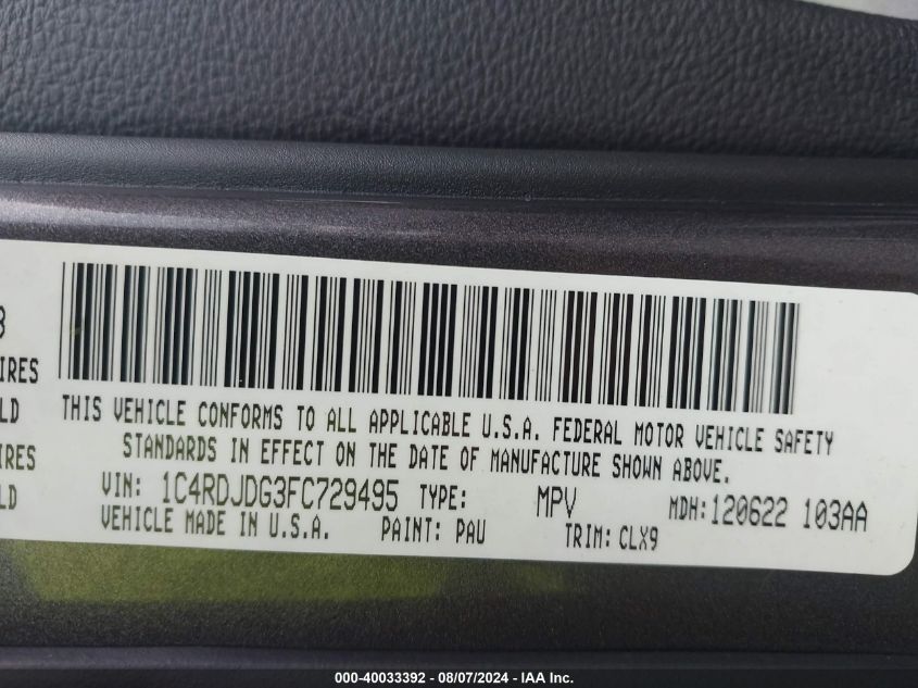 2015 Dodge Durango Limited VIN: 1C4RDJDG3FC729495 Lot: 40033392