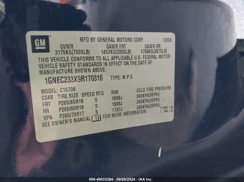 2009 Chevrolet Tahoe Lt1 VIN: 1GNEC233X9R170316 Lot: 40033394
